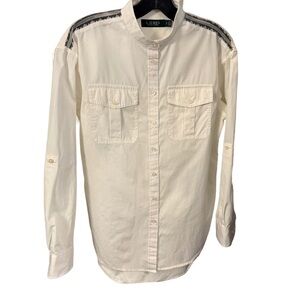 Lauren Ralph Lauren Women’s Button Up White Shirt Stand Up Collar Pockets S/P